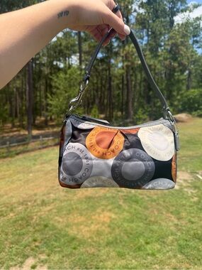 COACH Circle Logo Print Mini Shoulder Bag in Black and Brown